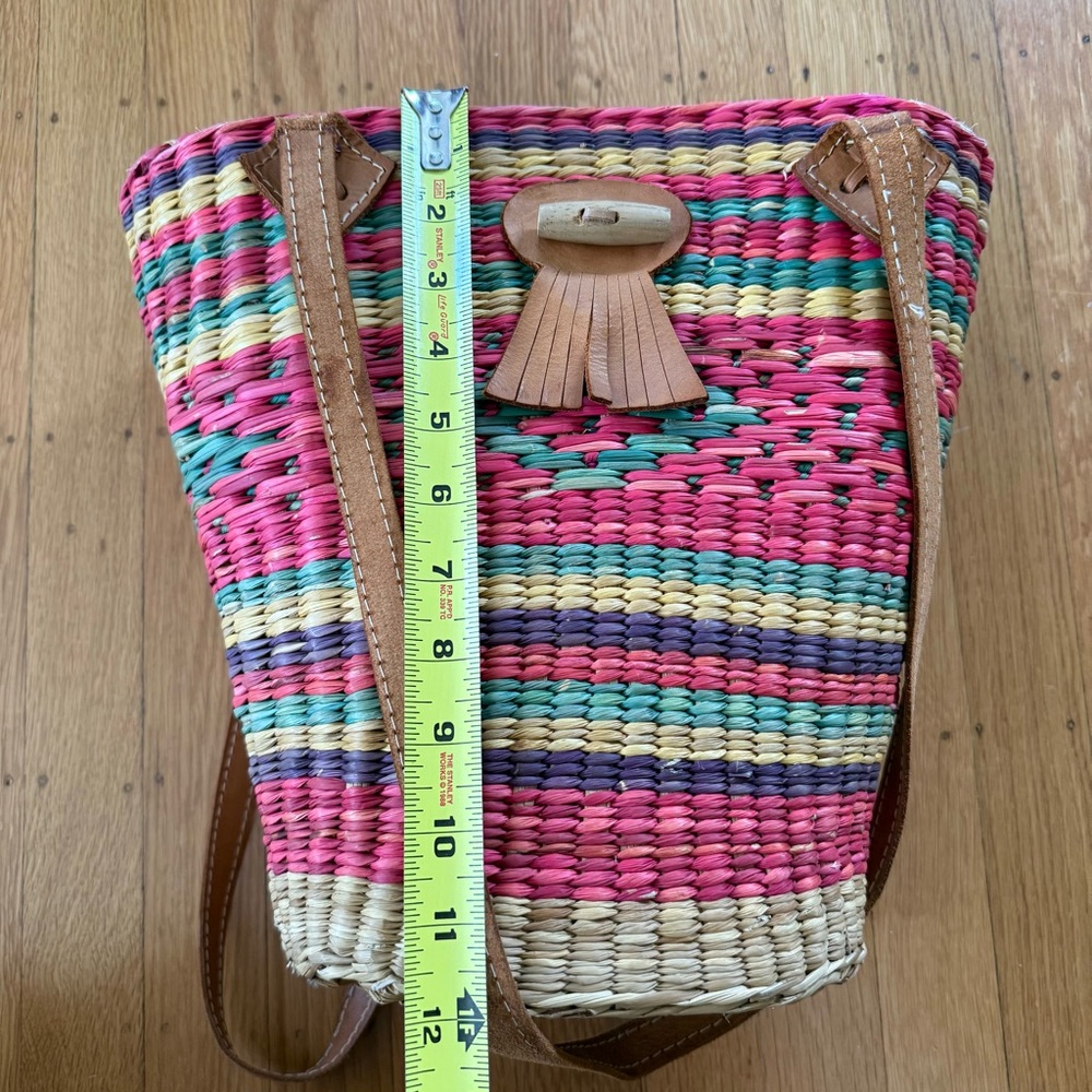 Vintage Woven Raffia Bucket Tote Multicolor with Leather Trim - Picture 5 of 13